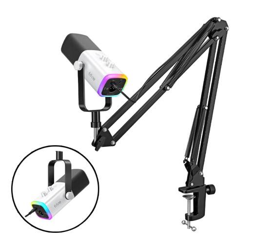 FIFINE Gaming XLR/USB Microphone Kit, Streaming Dynamic Mic Set for PC, Computer Mic for Vocal Podcast Recording Voiceover, with Headphones Jack, Gain Knob, Arm Stand-AmpliGame AM8T White